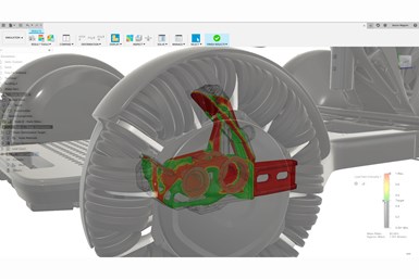A development image of Autodesk's Simulation extension for Fusion 360 in action, simulating the load path criticality on a part.