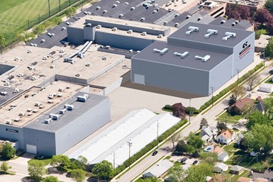 A photo of Ingersoll's facility, with a rendering of how the new expansion buildings will appear once construction is complete.