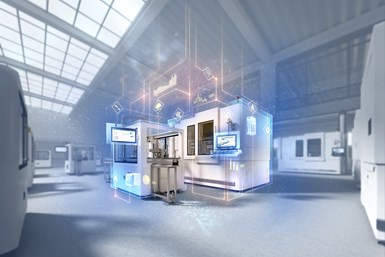 A decorative image from Siemens with symbols around a machine meant to symbolize the possibilities of edge applications