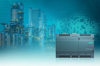 A stylized image with the Siemens Sitrans CloudConnect 240 superimposed on an image of code and a process production plant