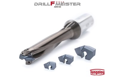 A press image of Tungaloy's DrillForce-Meister, with three inserts next to the drill head
