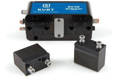 A press photo of Kurt Workholding's RV36 gripper, alongside two fingers for the device