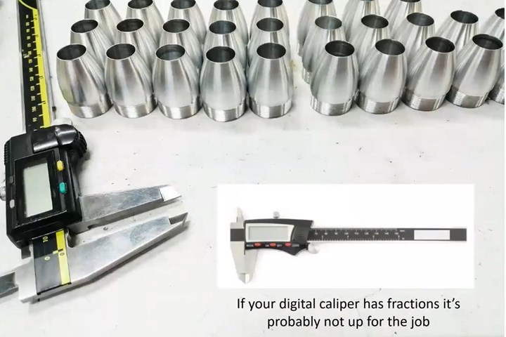 A screenshot with two calipers and a large number of turned, ground parts. One caliper uses decimals, the other uses fractions--a caption warns machinists away from using digital calipers with fractions.