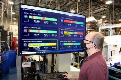 A man looks at a series of charts on a machine monitoring screen. 