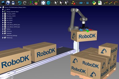 Simulated boxes being moved by a robot.