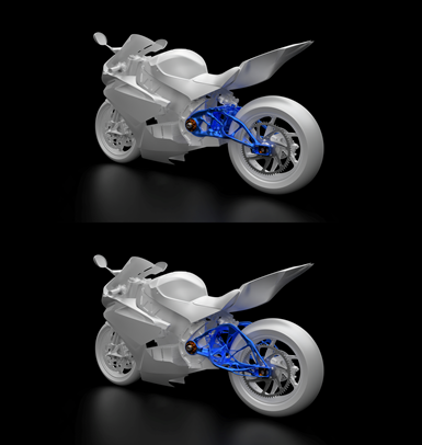 Two renderings, one above the other, showing 2021 milled part and the 2018 investment cast part as they would appear on Lightning Motors' LS-218 electric motorcycle.