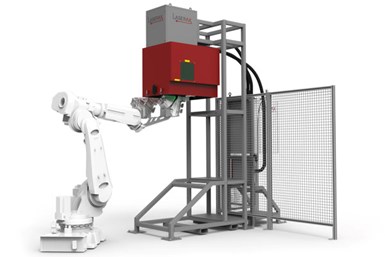 A press image of one of Laserax's open-air laser marking machines, with a robot reaching toward it.