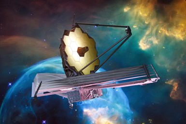 A rendering of the James Webb Space Telescope in front of a nebula