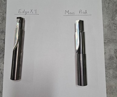 An EdgeX4 drill and a traditional carbide drill on a piece of paper. The EdgeX4 drill has a noticeable black edge for the PCD.