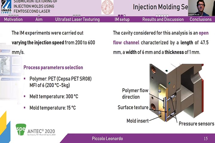 Injection mold setup used to study the effect of texturing during the filling phase.