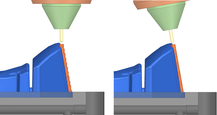 Five-axis movements on sloped geometry.