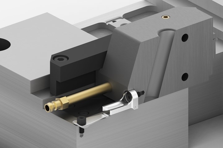 Installation example of Meusburger’s new E 3050 leaf spring roll stopper type A in a cavity plate.