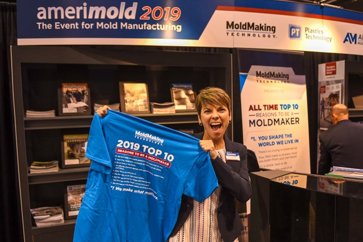 MoldMaking Technology Editorial Director Christina Fuges shows off the Amerimold 2019 Top 10 Reason to be a Moldmaker t-shirt.