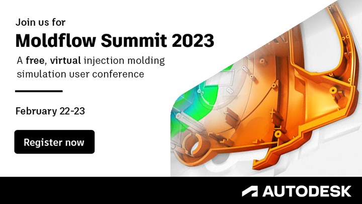 Promotion for Autodesk Moldflow Summit 2023 conference.