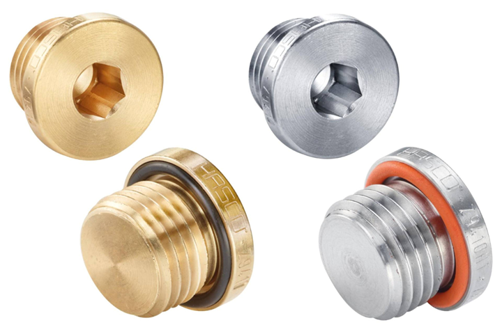 Brass and stainless steel screw plugs.
