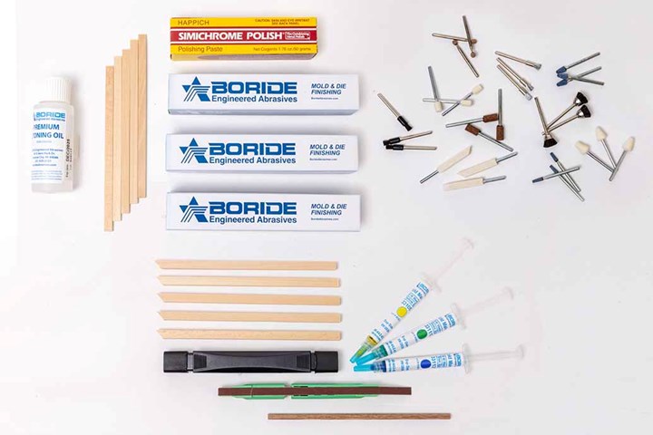 Boride mold repair and polishing kit components.