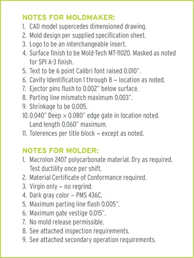 A checklist of considerations for moldmakers and molders.