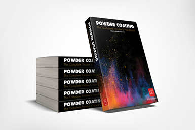 A photo showing a stack of copies of the fifth edition of Powder Coating: The Complete Finisher's Handbook