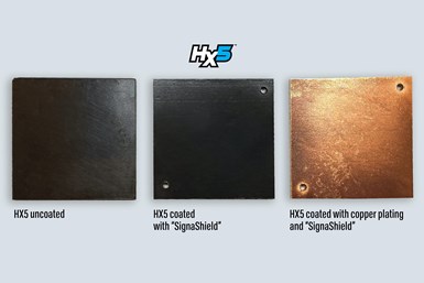 A photo of three HX5 samples, comparing the base composite, the composite when coated with Signashield and the composite when coated with copper and Signashield