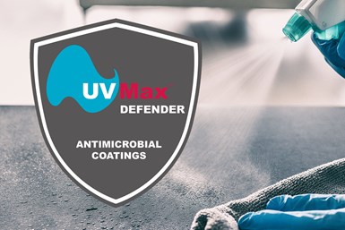 A press image of a person spraying chemicals onto a surface, with the UVMax Defender logo in the foreground
