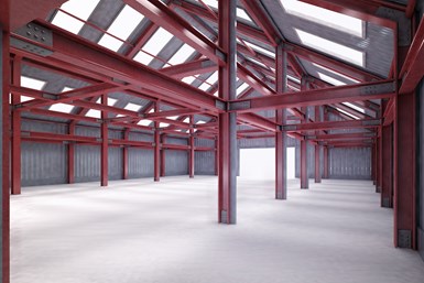 An empty warehouse with a red coating on its frame.