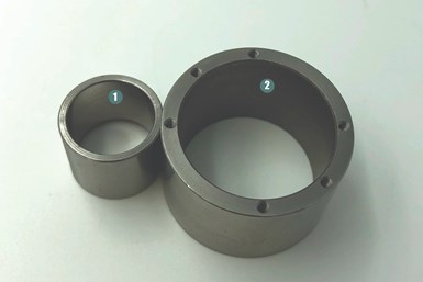 Item (1) shows an ID that has gone through a honing process for a polished finish. Item (2) shows a turned part with a standard finish on the ID.