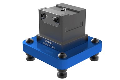 Jergens 52-mm modular dovetail vise with Quick-Loc mount and aluminum adapter base is one of several new workholding choices that provide quick-change possibilities for minimal material clamping. 