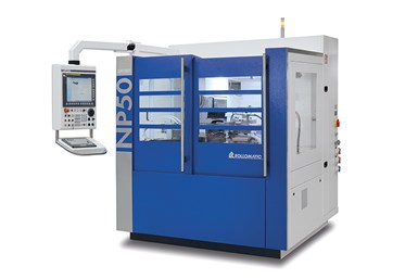 Rollomatic's ShapeSmart NP50 5‐axis pinch/peel cylindrical grinding machine. 
