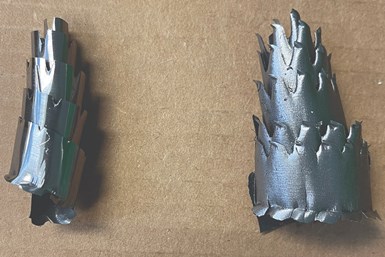 1215 Chip new tool (left) and end of tool life (right). Chips courtesy of Herker Industries Inc. 
