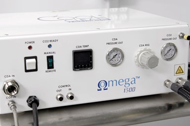 Cool Clean’s Omega 1500 CO2 spray cleaning module delivers a precisely controlled stream of solid CO2 particles at high velocities to the designated part or surface. Photo Credit: Cool Clean