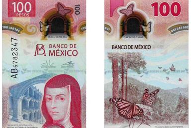 El billete de formato vertical está impreso en polímero y presenta la imagen de la poetisa y escritora Sor Juana Inés de la Cruz.