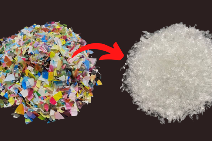 Los desechos de envases de plástico coloreados se destintan y se convierten en un material plástico reutilizable de alta calidad.