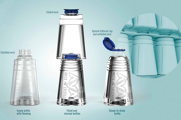 Sidel’s new AYA bottle has a distinctive conical shape and a patented shoulder with three stable positions, a recessed base for head-to-tail nesting, and ability to engrave branding and other information in relief on the side, eliminating the need for labels.