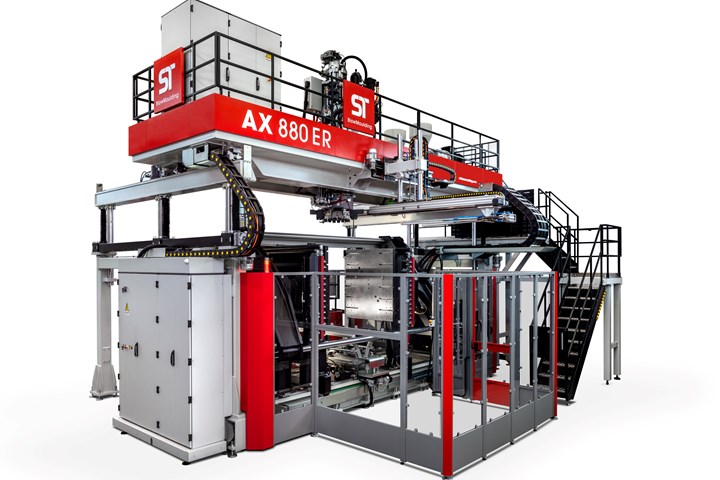 The new ST BlowMoulding AX 880 model at K 2022 is equipped with two extruders for coextruding virgin and recycle, and both extruders are prefitted with gas injection ports for foaming to save material.