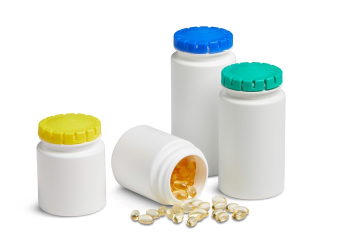 New Pop & Click Cylinders from Drug Plastics come in 60 to 120 cc and use 22% to 27% less plastic than conventional bottles with push-and-turn closures.
