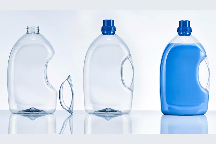 Energy savings, greater design freedom, high clarity and lack of seams are advantages claimed by KHS for its new 2.3 L rPET bottle with glued-in handle vs. PET with clip-in handle or extrusion blown polyolefin handleware.