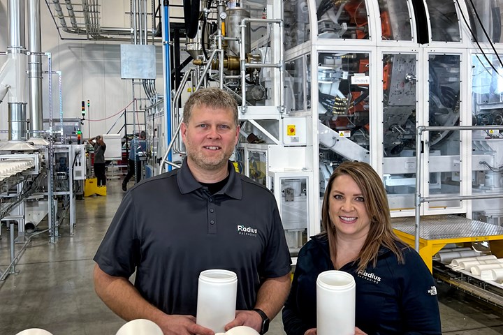 At its new plant, in Delavan, Wis., Radius Packaging operates high-output machines like this new Graham wheel for long runs with fully automated product conveying and packing.