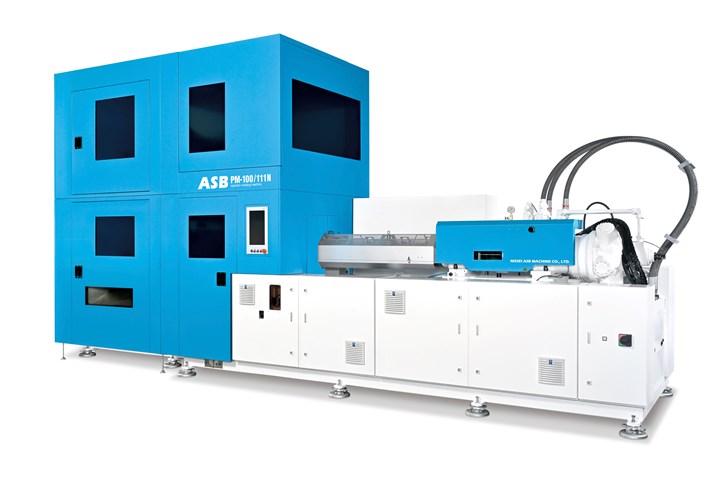 New Nissei ASB PM-100/111N machine uses a vertical press and three-station rotary table to mold PET preforms in a very compact footprint.