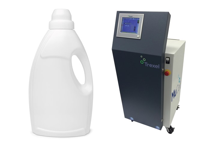 Bottle with 50% PCR in core layer foamed with MuCell process saves weight while meeting impact-strength and topload requirements. Trexel’s MuCell B-Series nitrogen delivery unit, developed for blow molding, is the only extra equipment needed.