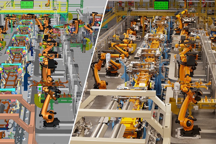 Siemens Process Simulate (left) connects to Nvidia Omniverse (right) for a photorealistic, real-time digital twin of a manufacturing operation. AI and physics-based simulation could help troubleshoot, optimize and run the physical plant. (Image: Siemens & Nvidia)