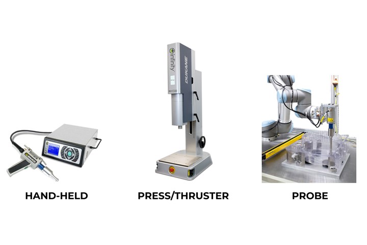 Typical ultrasonic welding equipment (l-r): a hand probe, a standard press system, and a probe system on a robot.
