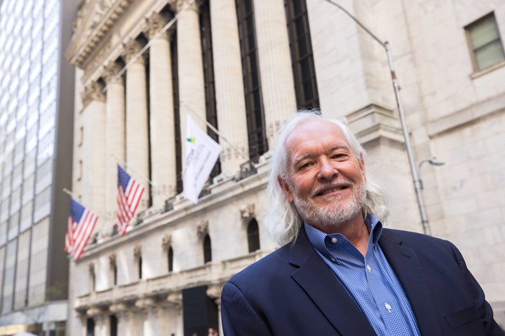 Danimer Scientific CEO and board chairman Stephen Croskrey in front of the New York Stock Exchange, where he rang the closing bell on April 17. He’s doubling Danimer’s capacity for Nodax PHA biopolymer.