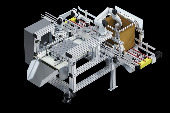 Integrated system includes accumulator, pick-and-place cobot, automatic box infeed and exit conveyor.