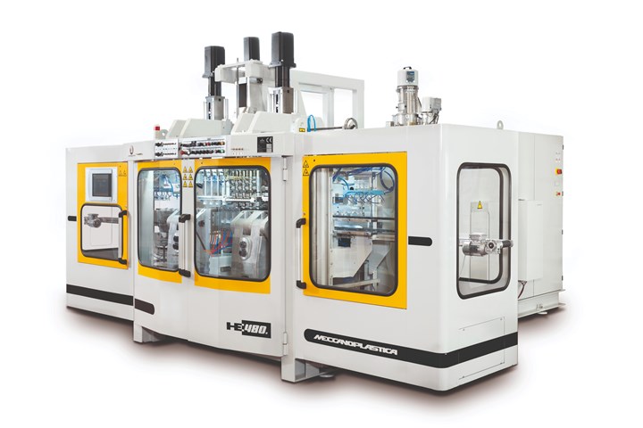 Meccanoplastica’s HE480D all-electric shuttle with 12-ton clamp, 480-mm stroke and 90-mm extruder.