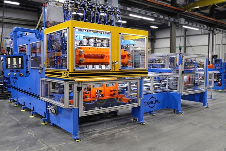 Rocheleau’s RS-90 reciprocating-screw blow molder is teamed up with the VT-3 deflash automation package
