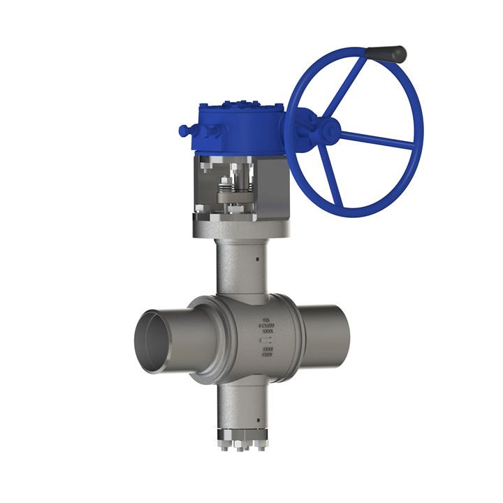 Image of Flowserve TX3 molten salt valve, T-pipe junction  with blue handwheel control