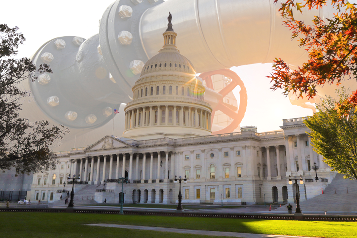 Photo of Capitol Hill with image of industrial valve superimposed in sky behind dome.