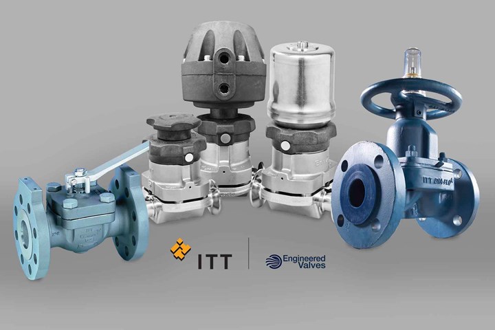 Image of a variety of globe and other valves from ITT Engineered Valves on gray background.