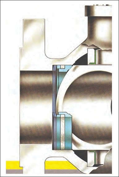 Illustration of trunnion metal-seated ball valve cutaway.