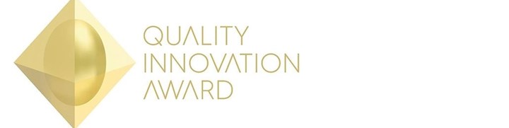 Logo of Quality innovation award featuring gold colored 3 dimensional cube and circl